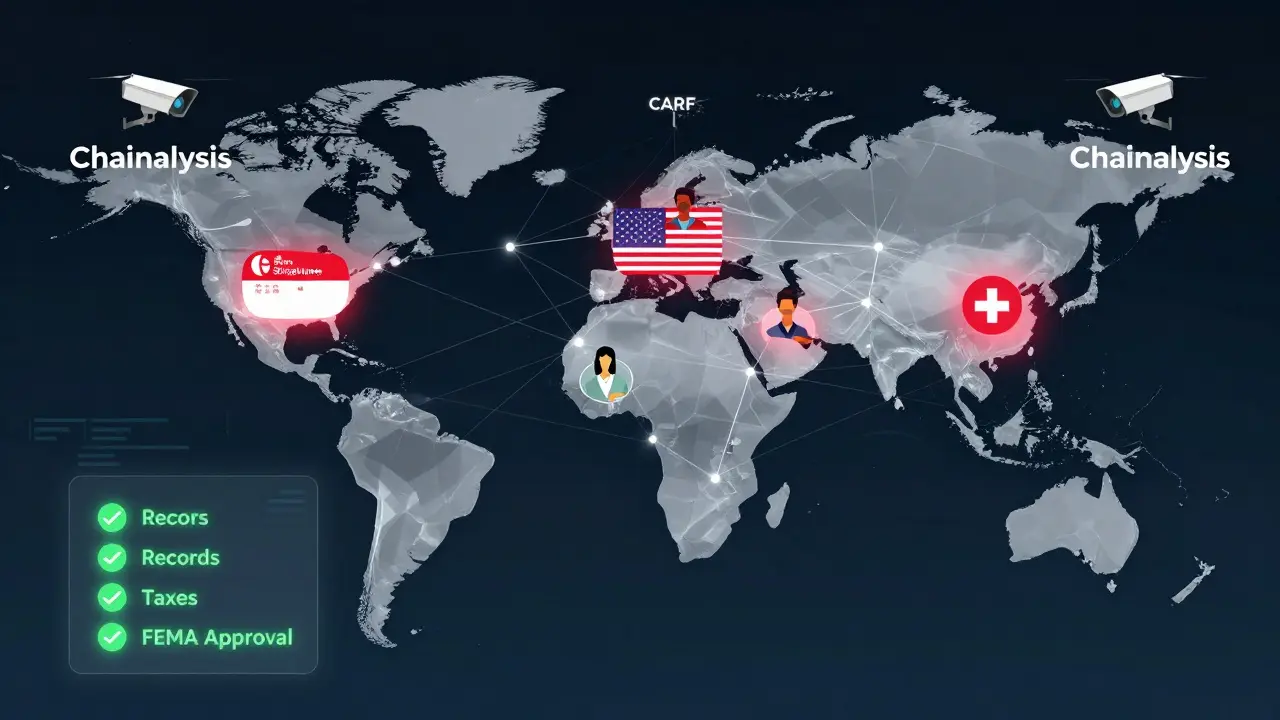 Blockchain network tracking Indian crypto transfers across borders with surveillance drones.