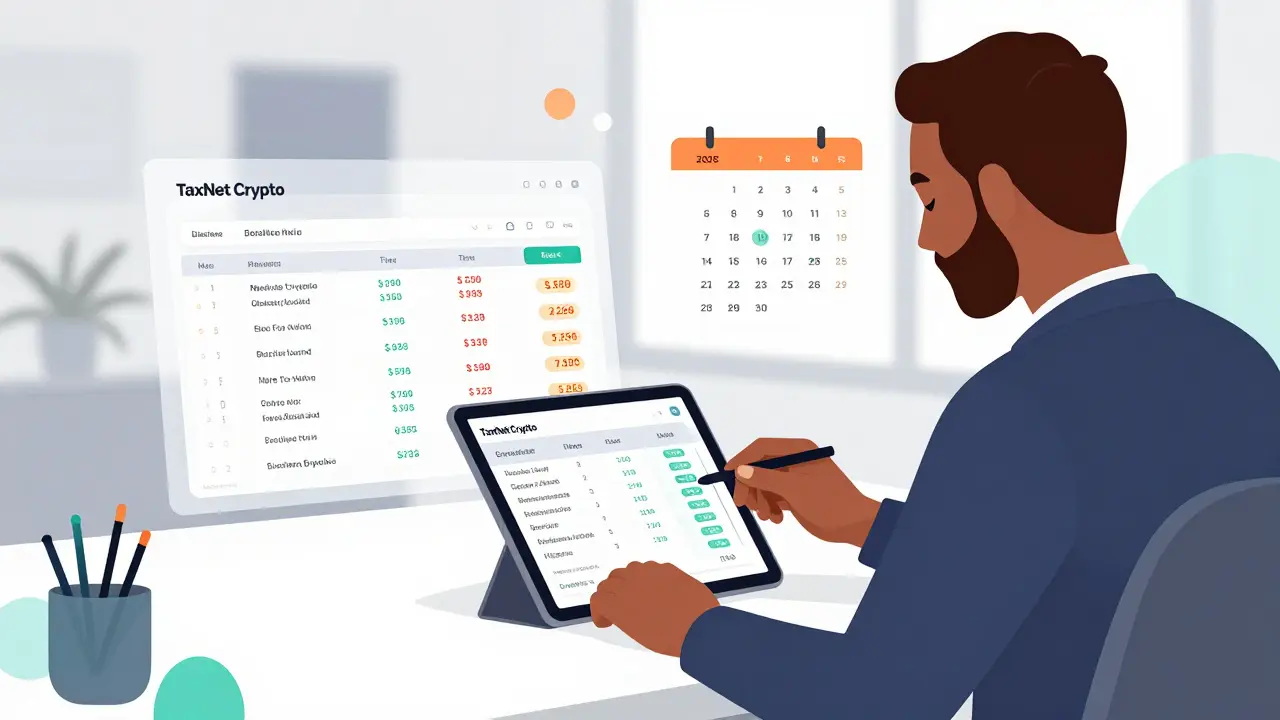 Business owner reviewing TaxNet Crypto report with blockchain trails and conversion rates.