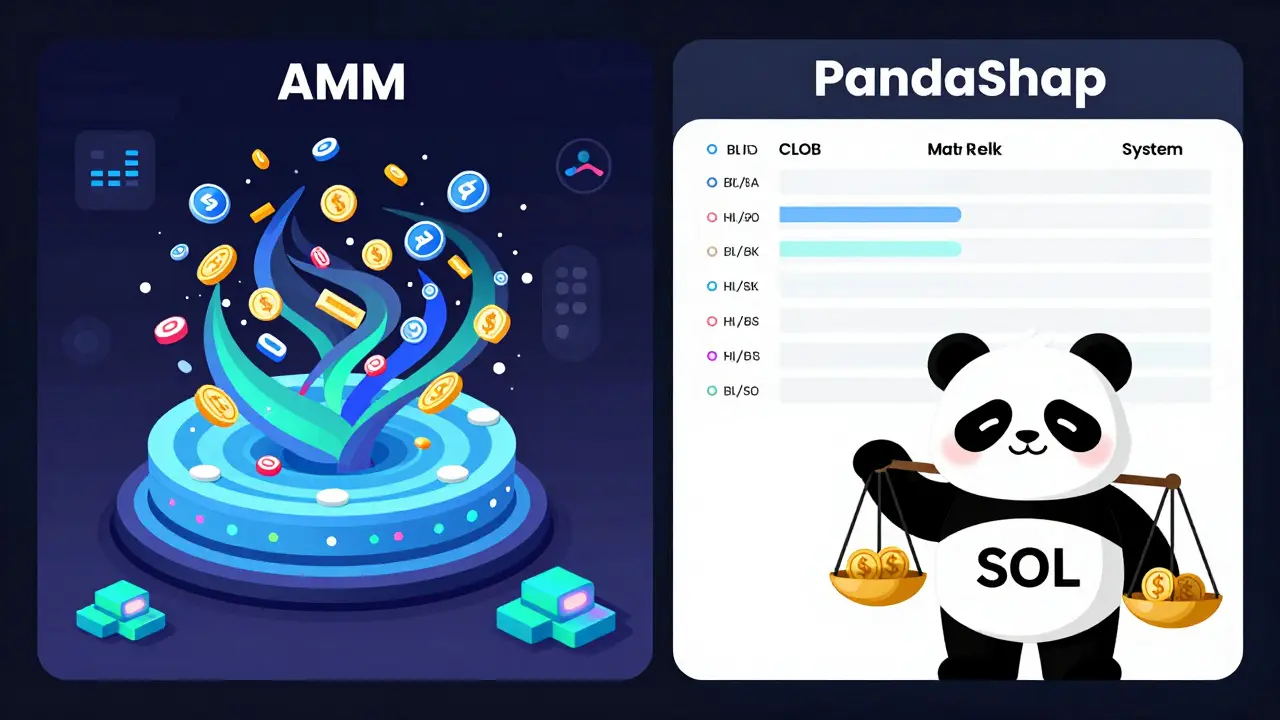 Comparison of AMM liquidity pool versus PandaSwap's hybrid order book system with panda mascot.