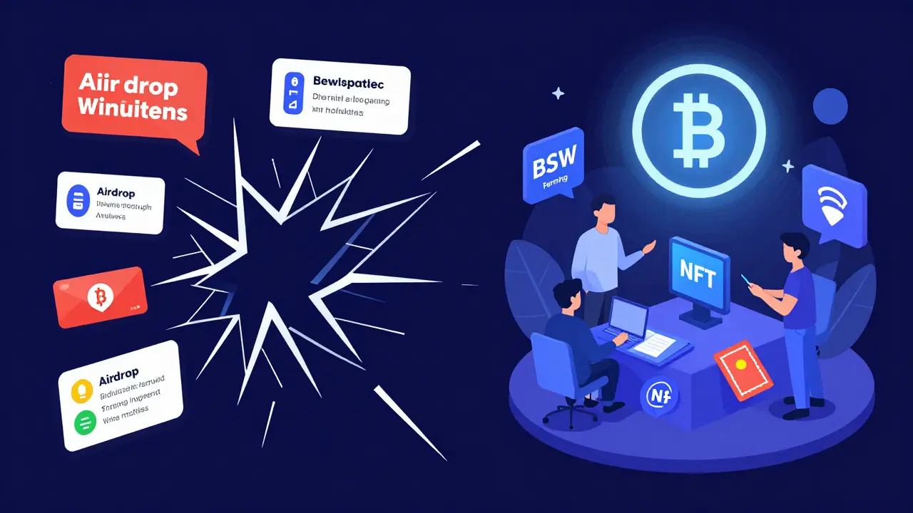 Contrast between chaotic crypto scams and calm, legitimate BSW earning through farming and NFT staking.