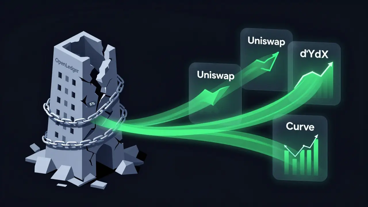 Contrasting image: a crumbling OpenLedger tower versus three thriving DEX platforms with green flow lines to healthy market graphs.