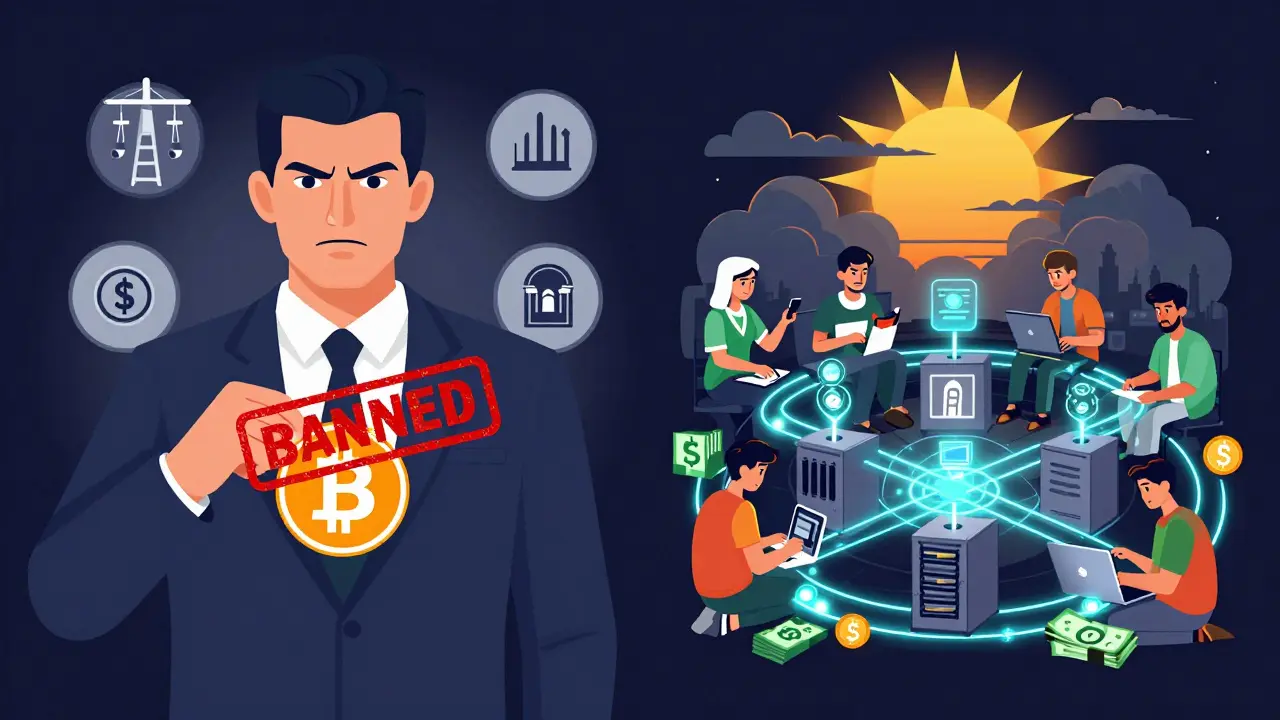 Contrasting scene: government ban symbols on one side, underground crypto network on the other, with rising sun above.
