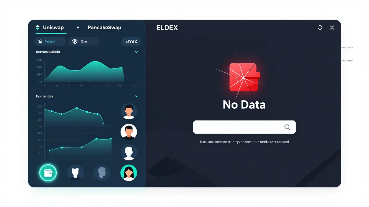 Contrasting vibrant active DEX dashboards against a barren, empty ELDEX screen.