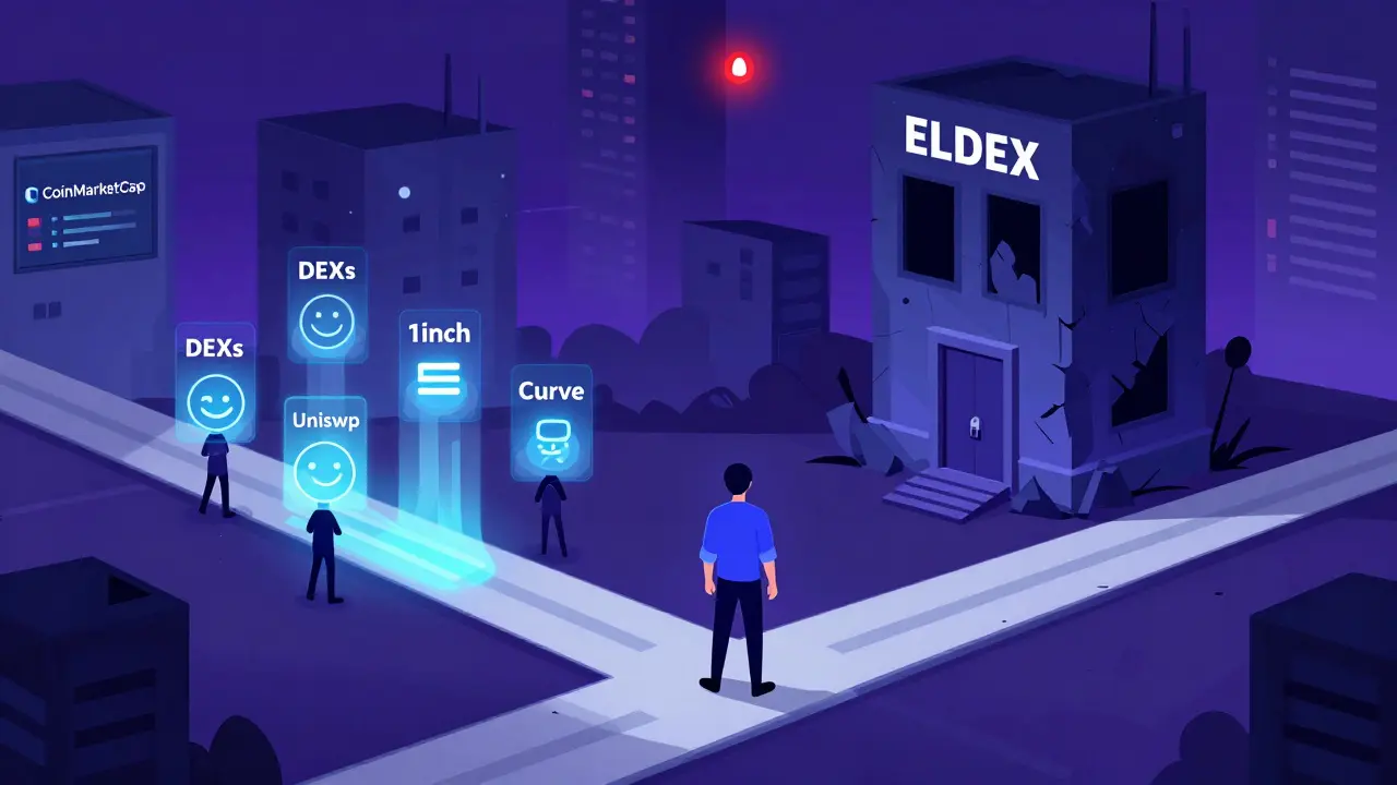 Cryptonaut choosing between well-lit legitimate DEXs and a dark, abandoned ELDEX building.