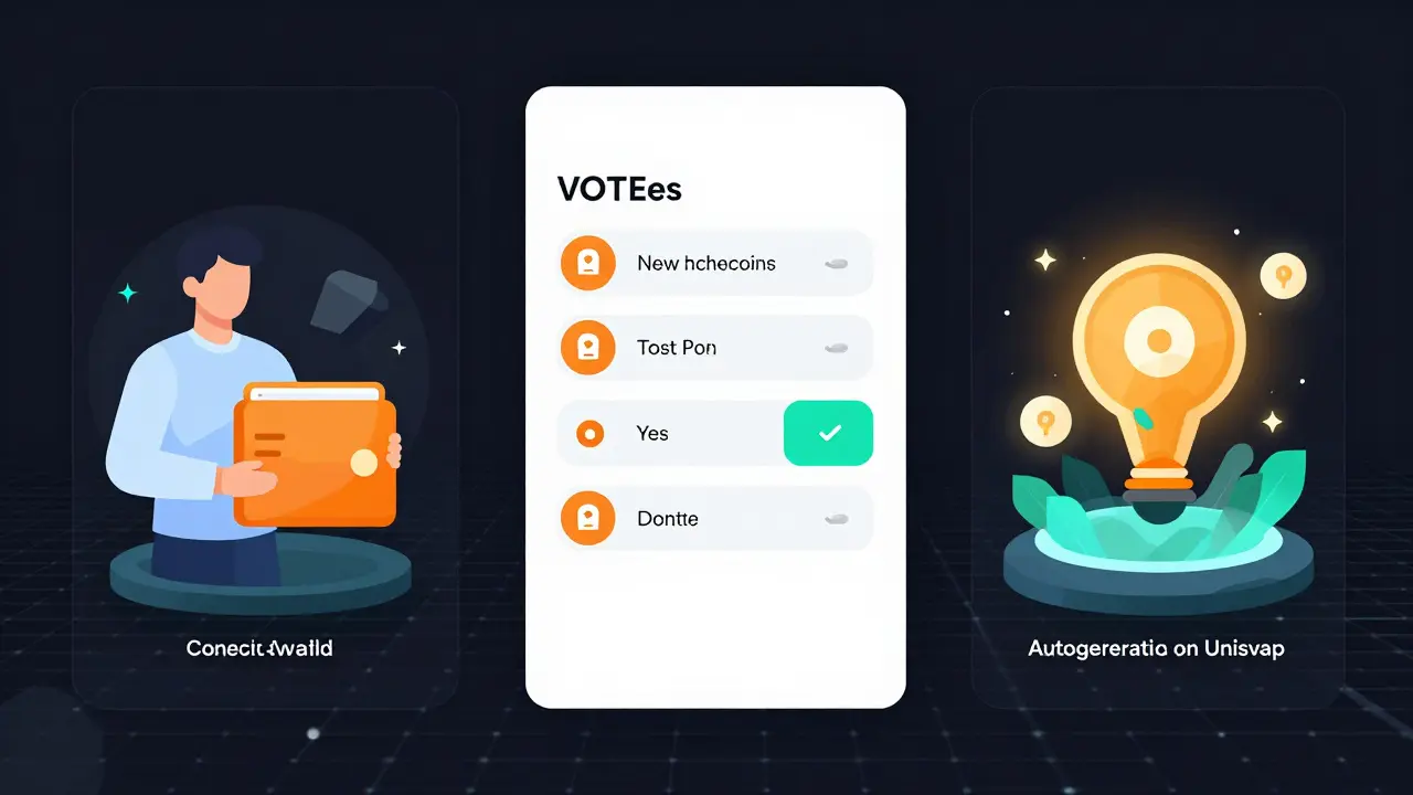 Decentralized launchpad interface with wallet connection, voting dashboard, and auto-generated liquidity pool.