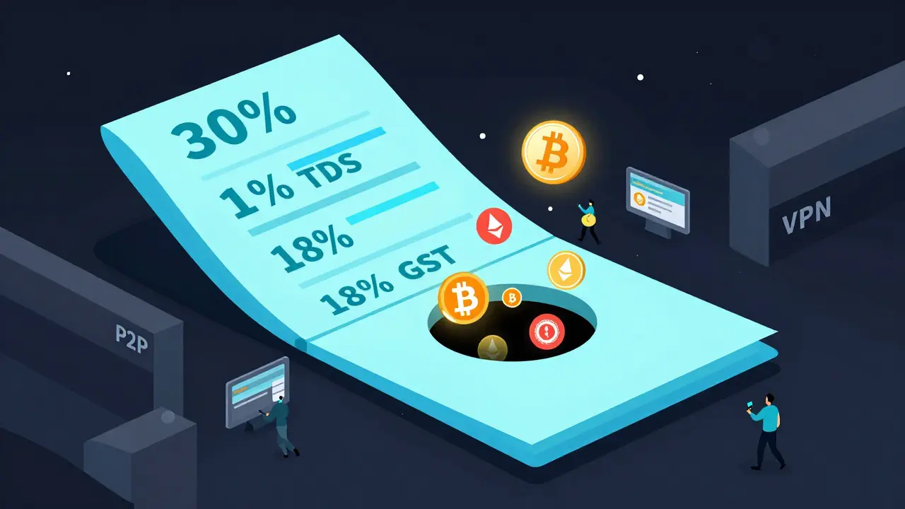 Digital ledger draining crypto assets into a tax black hole with user silhouettes trying to escape.