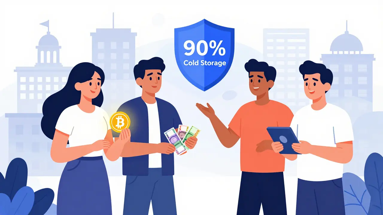 Diverse people exchange cash for glowing crypto tokens under a protective cold storage shield.