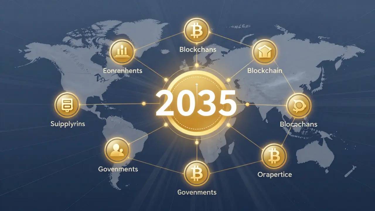 Enterprise blockchains glowing with quantum resistance as Bitcoin nodes fade away.