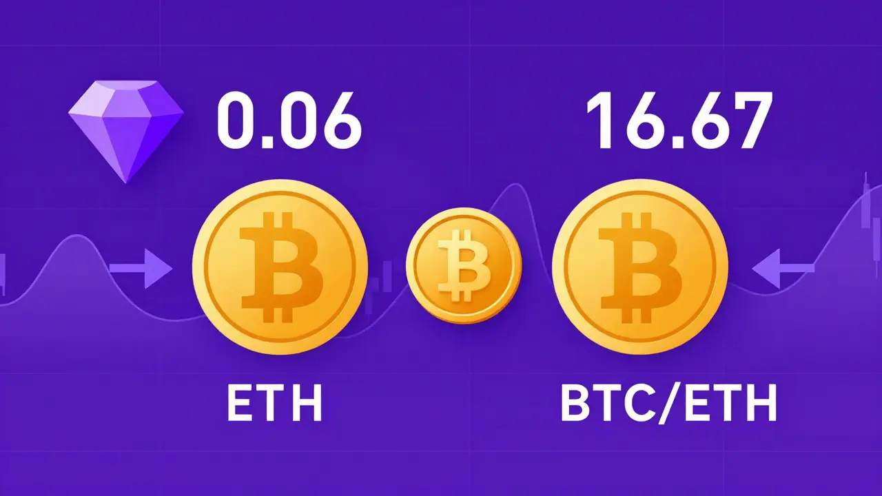 ETH/BTC and BTC/ETH pairs shown side by side with inverse prices and abstract market lines.