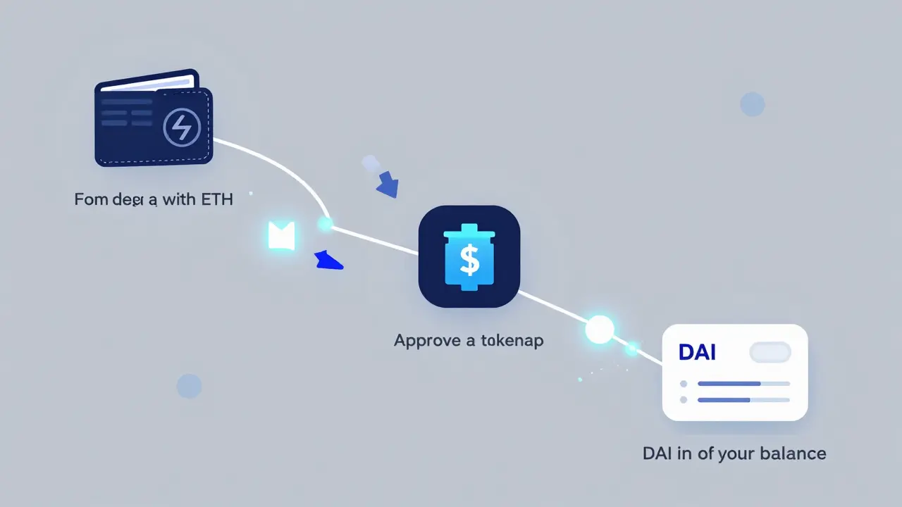 Flowchart-style journey of using a dApp with glowing nodes showing wallet funding and token swap.
