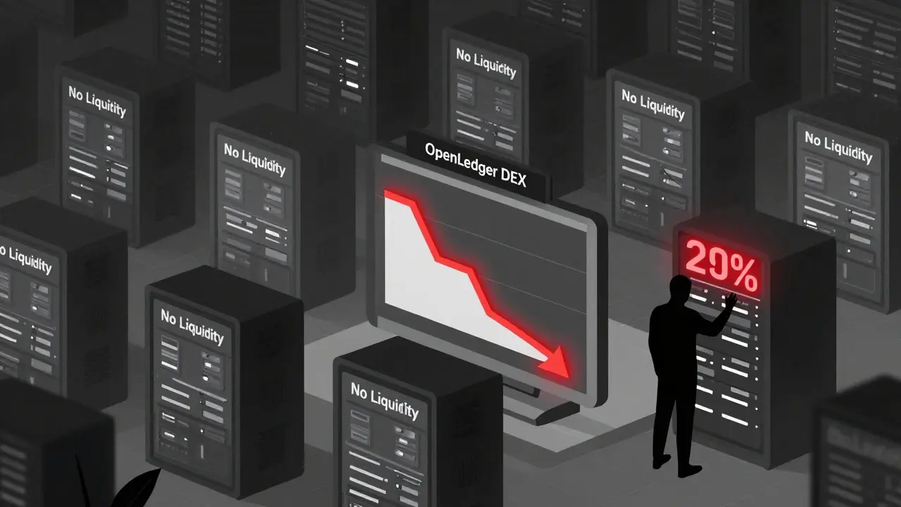 Ghost town of trading terminals in a digital data center, all screens showing 'No Liquidity' as a server labeled OpenLedger shuts down.