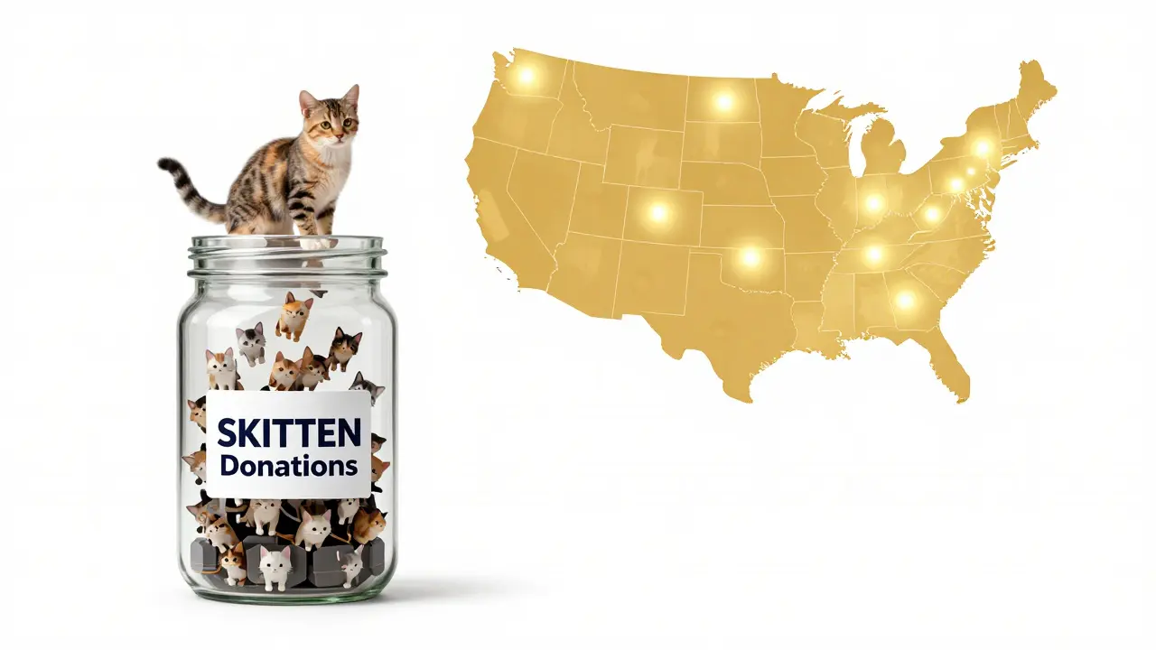 Glass jar filling with digital kittens turning real, map of U.S. lighting up with new rescue states.