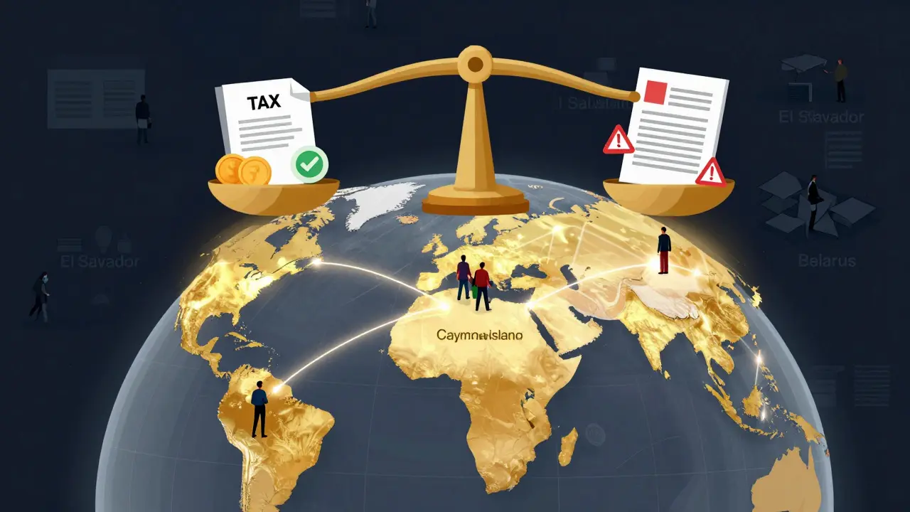 Globe highlighting top crypto jurisdictions with tax scale showing zero tax benefits versus regulatory risks.
