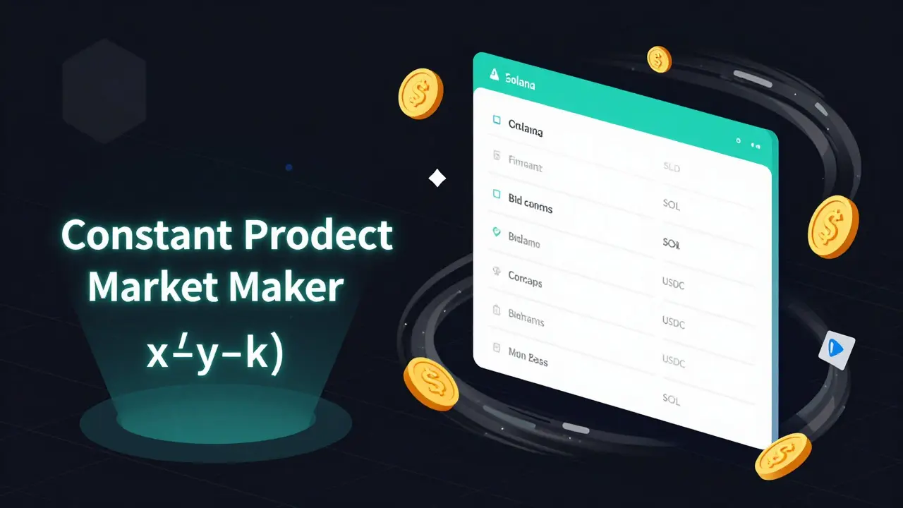 Hybrid CPMM and order book trading system with Solana tokens in geometric vector style.