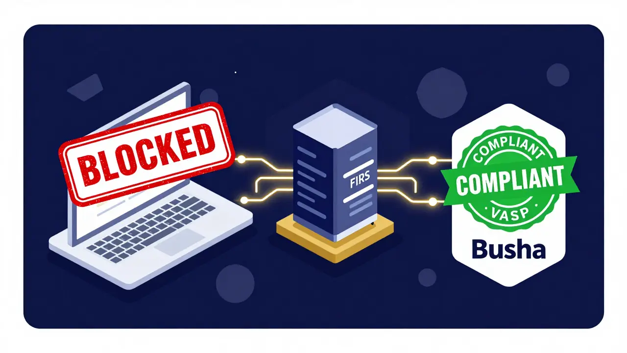 Licensed vs unlicensed crypto exchange with compliance seals and data streams to FIRS.