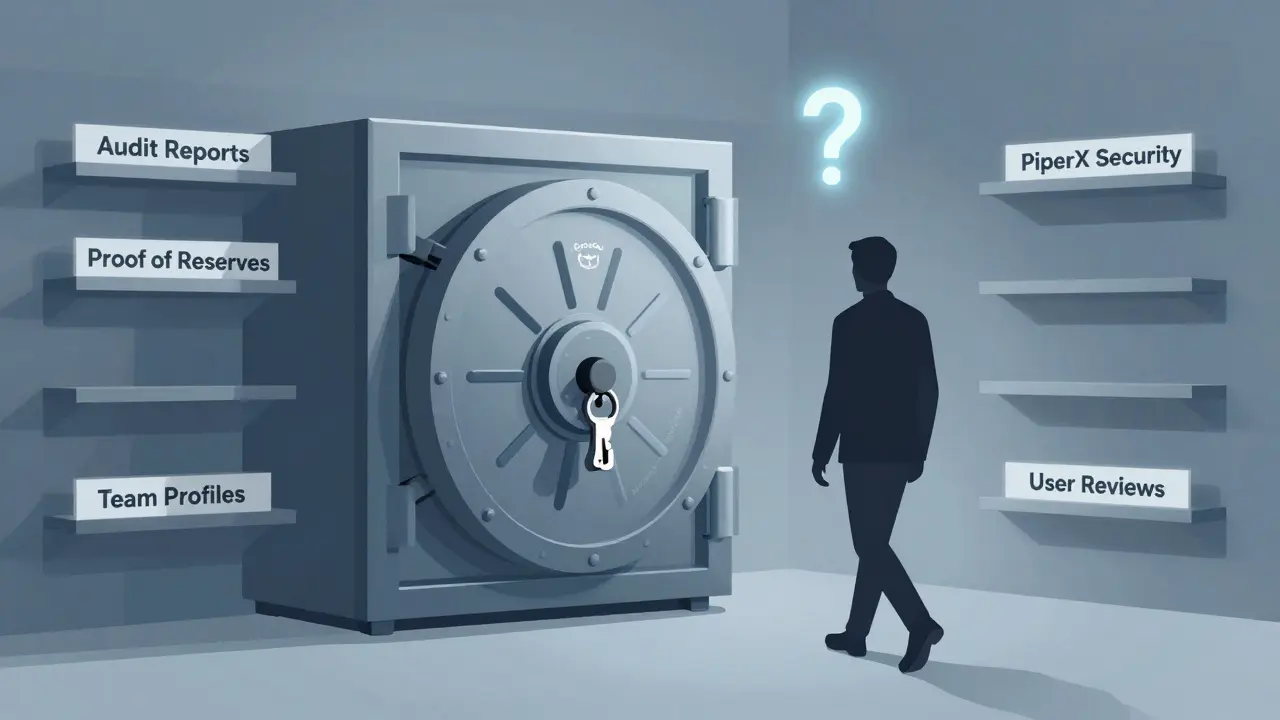 Locked vault labeled 'PiperX Security' with empty shelves for audits and reviews.