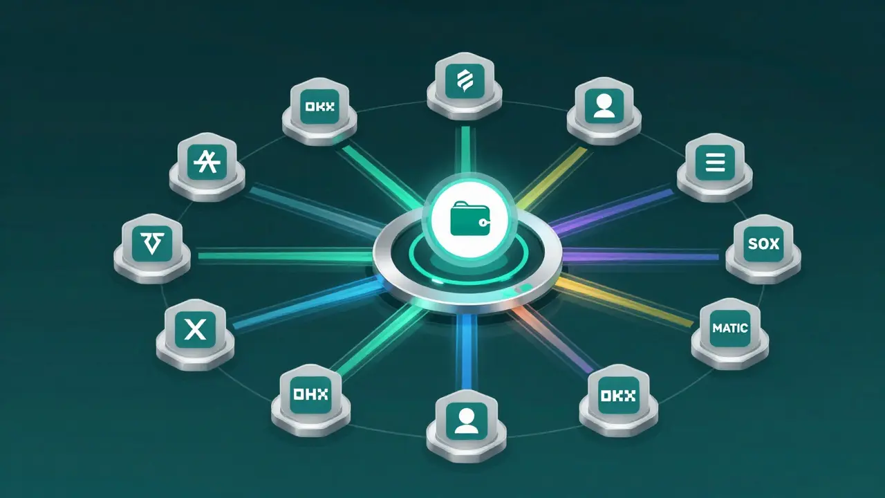 OKX DEX cross-chain hub connecting 130 blockchains with dynamic liquidity pathways and a central wallet.