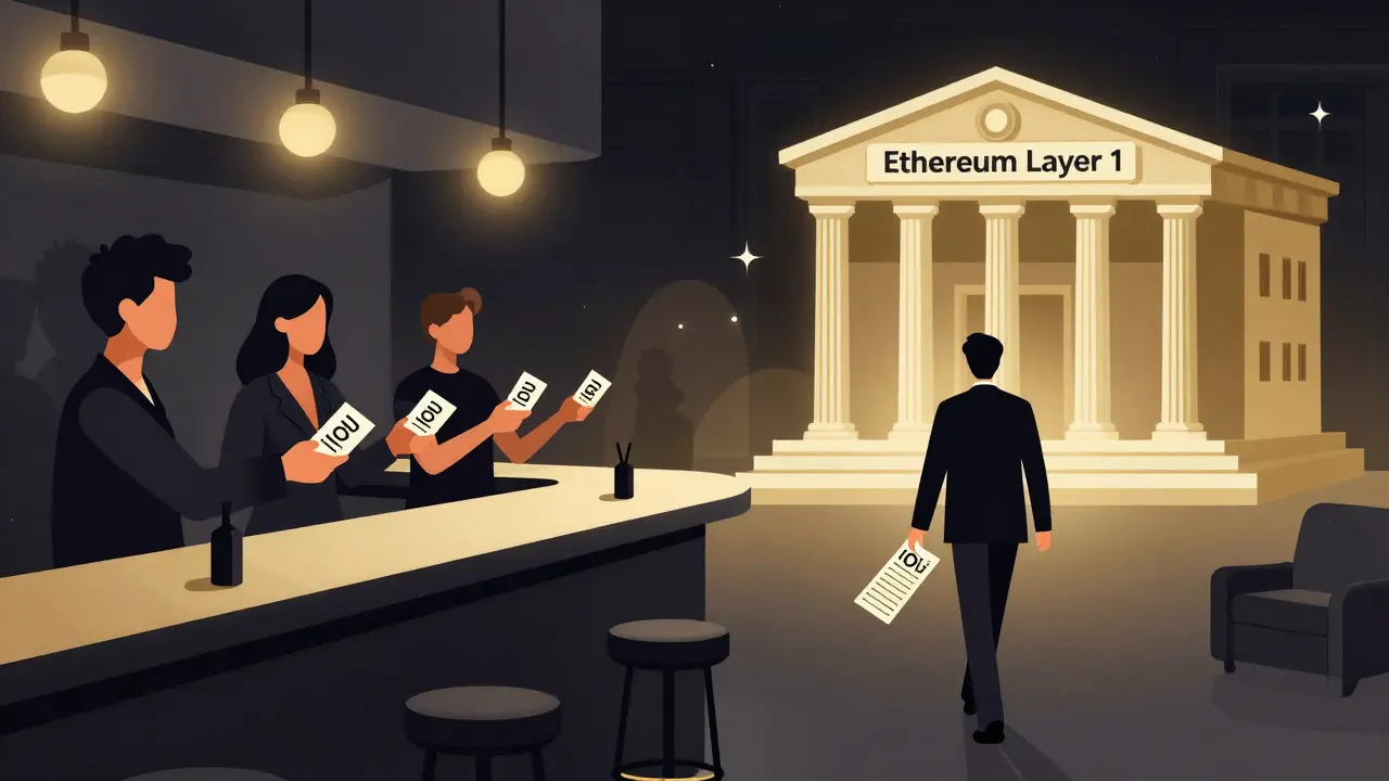 Private club bundling transactions to one bank deposit, symbolizing Layer 2 efficiency