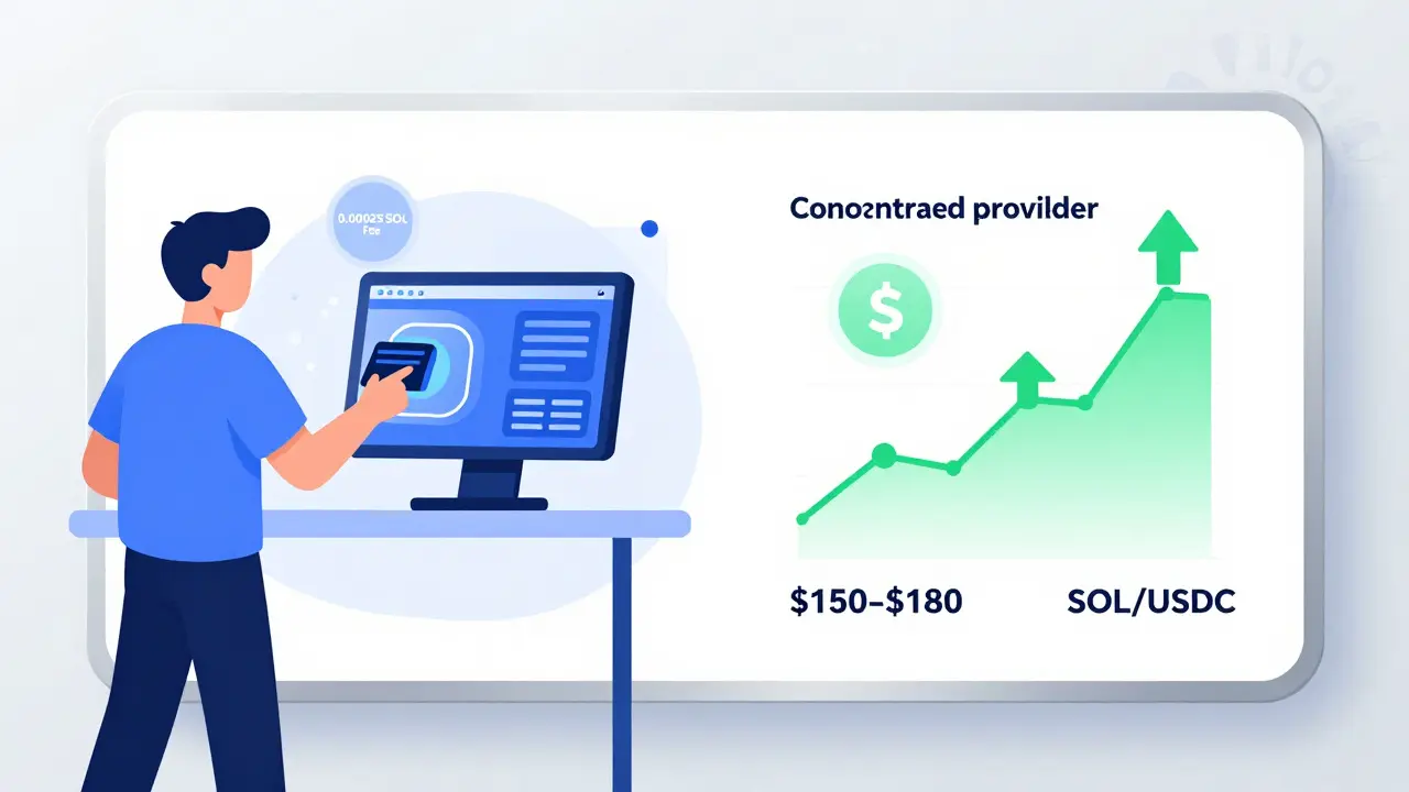 Retail trader connecting wallet and liquidity provider setting price ranges on Raydium interface.