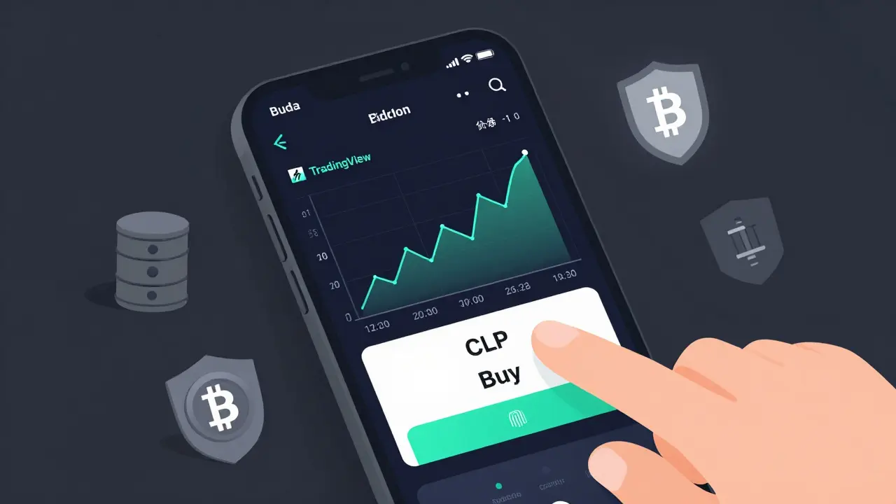 Smartphone screen shows Buda app with Bitcoin chart and CLP deposit confirmed, fingerprint unlock active.