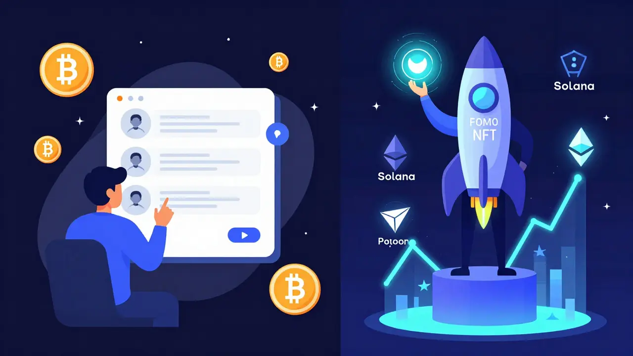 Split scene: confused new user vs experienced trader holding NFT atop a rocket with multi-chain expansion targets.
