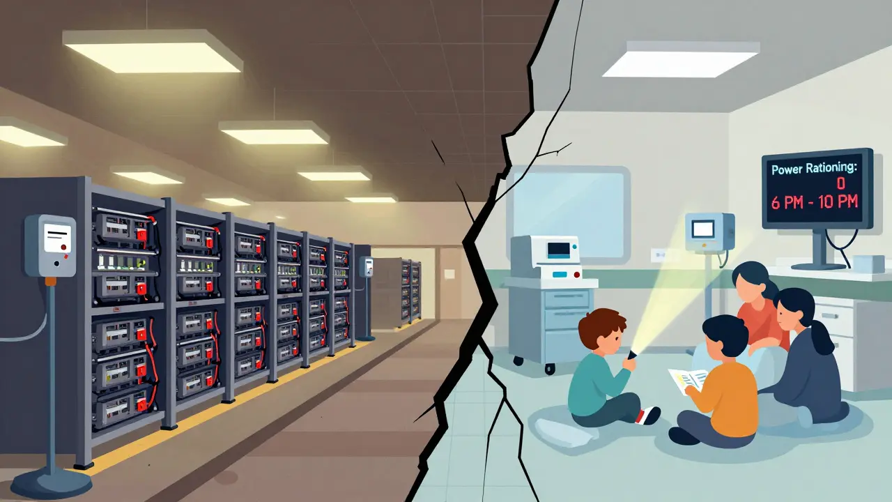 Split scene: crypto mining facility versus a hospital and family struggling with power rationing in freezing conditions.