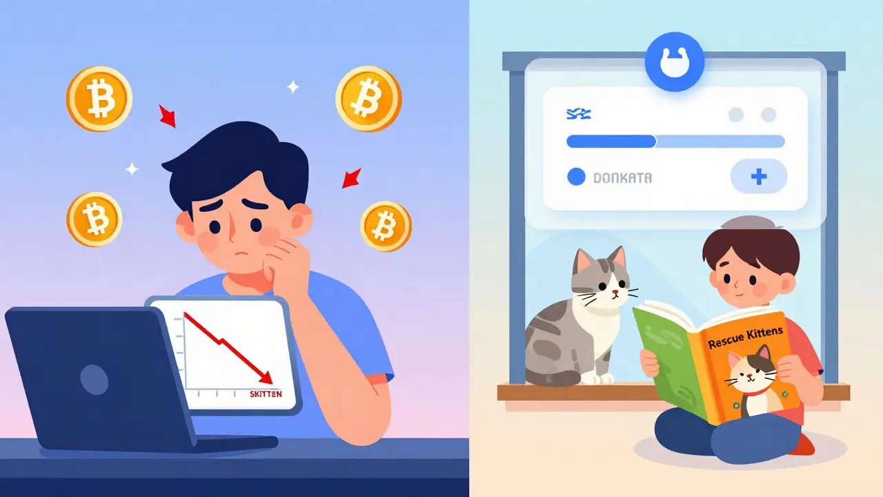 Split scene: frustrated trader with falling SKITTEN chart vs. child reading kitten rescue book.