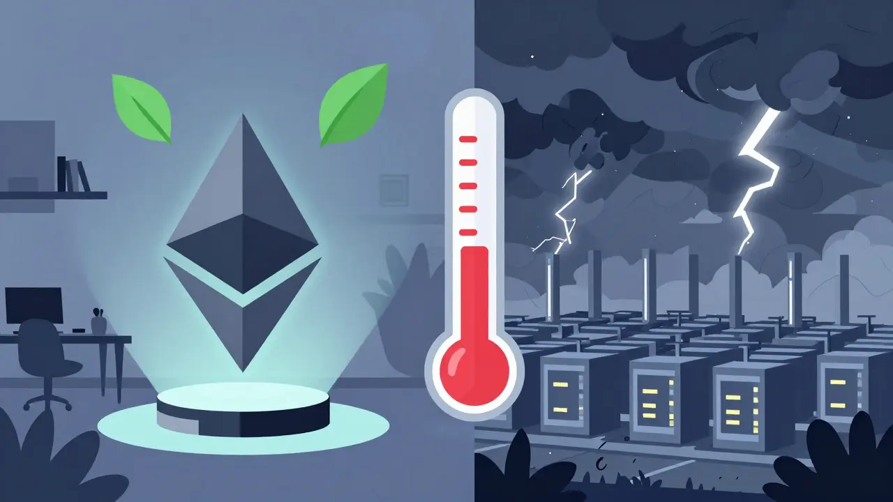 Split-screen comparison: energy-efficient Ethereum node vs. polluting Bitcoin mining farm with rising carbon emissions.