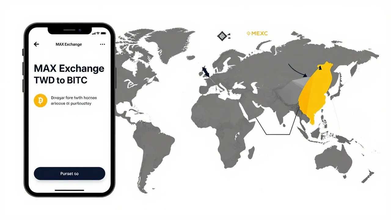 Split-screen: MAX Exchange app on left, global crypto map highlighting Taiwan on right.