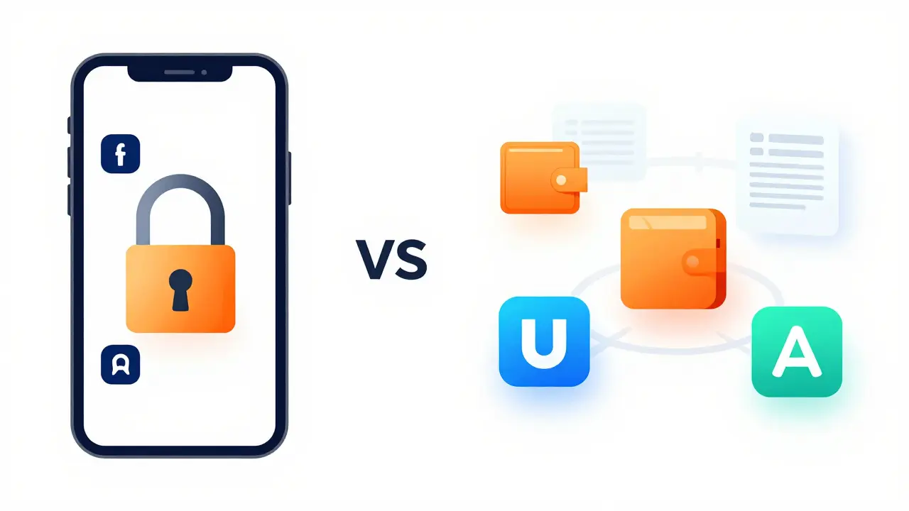 Split-screen: traditional app store vs. decentralized dApp network with glowing icons.