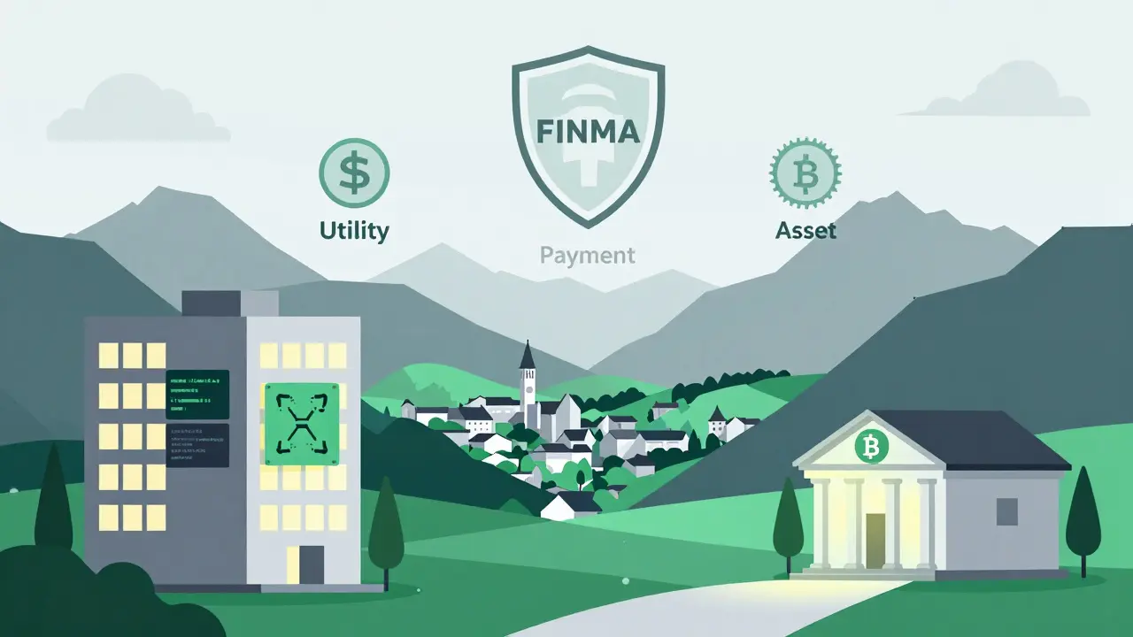 Swiss mountain valley with floating crypto tokens and a regulatory shield over a modern fintech office.