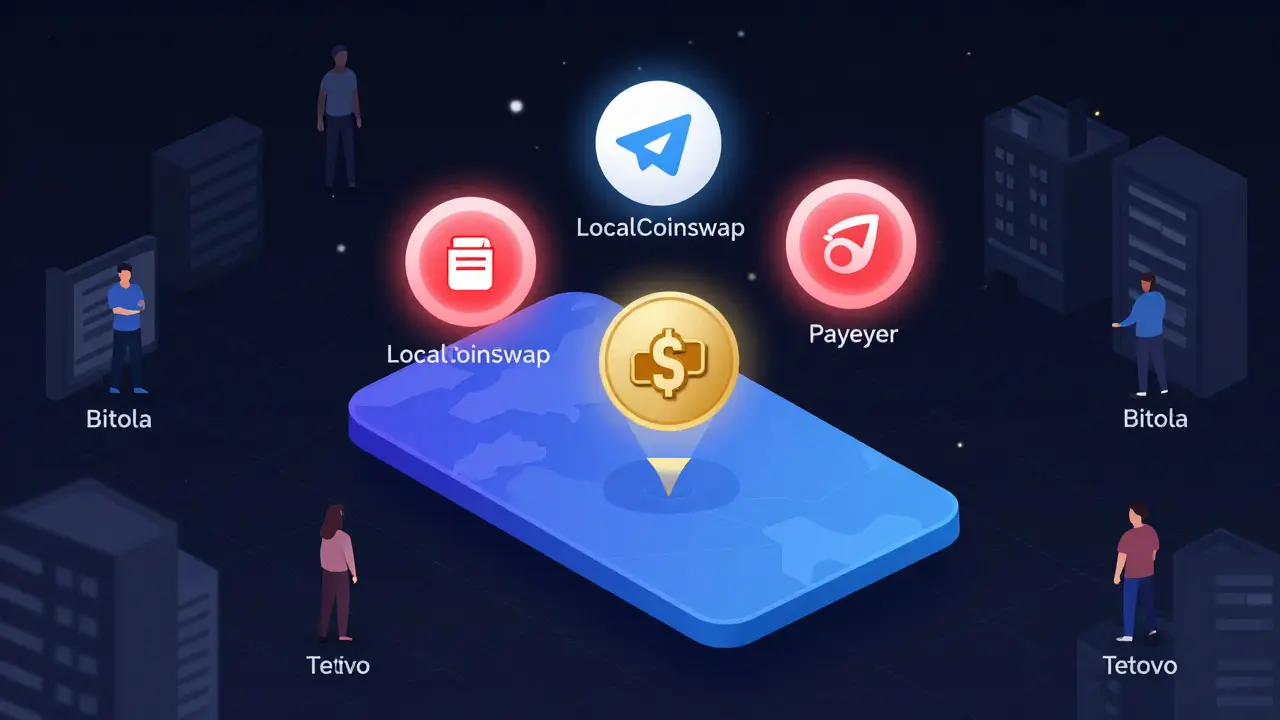 Telegram crypto group interface over North Macedonia map with payment method icons glowing.