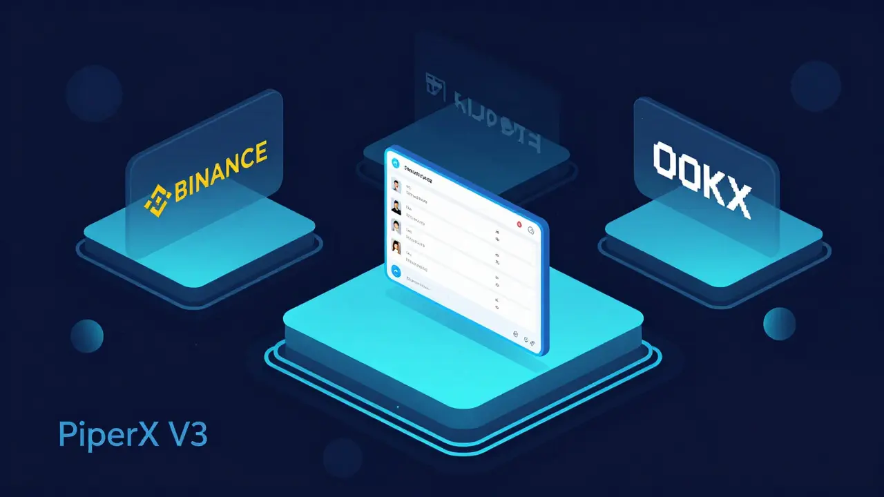 Tiny PiperX V3 dashboard isolated among giant crypto exchanges in a digital landscape.