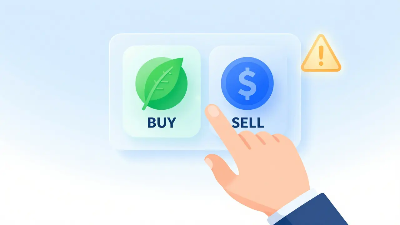 Trader hovering over BUY/SELL buttons for ADA/USDT pair with green Cardano token and stable blue coin.