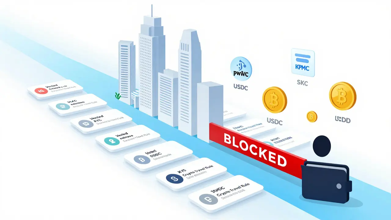 Transparent blockchain ledger with verified transactions and licensed stablecoins, blocked anonymous wallet.
