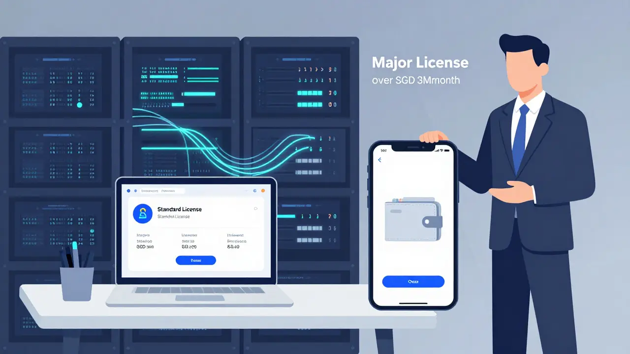 Two crypto business tiers in Singapore: small standard license desk and large major license data center with compliance officer.