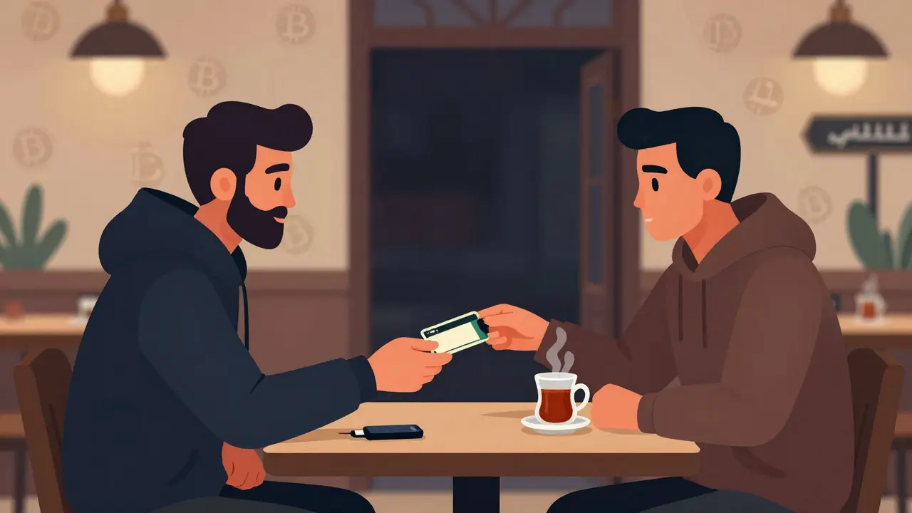 Two people exchanging a cash card and USB drive in a quiet Baghdad cafe, discreetly trading Bitcoin.