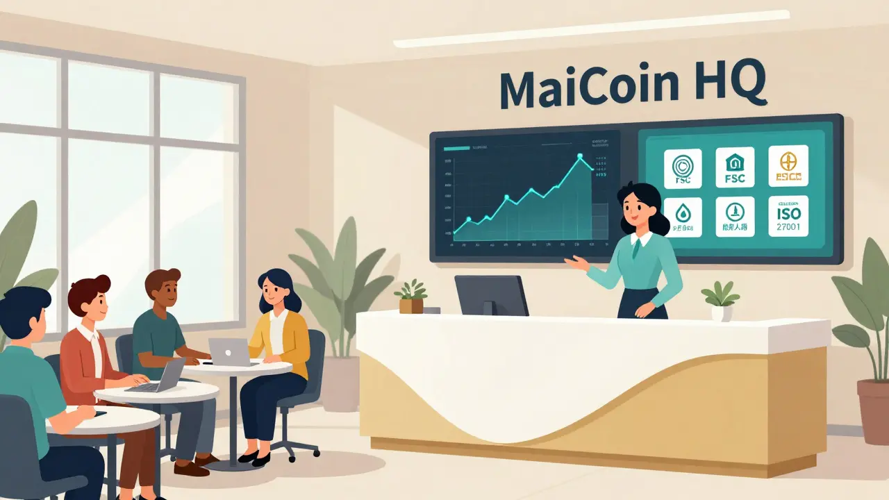 Users speaking with support staff at MaiCoin HQ office in Taiwan, regulatory badges visible on screens.