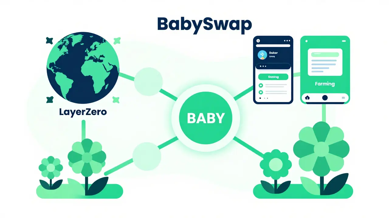 Vector graphic showing BabySwap's 2025 focus: cross-chain swaps, mobile app, and expanding liquidity pools.