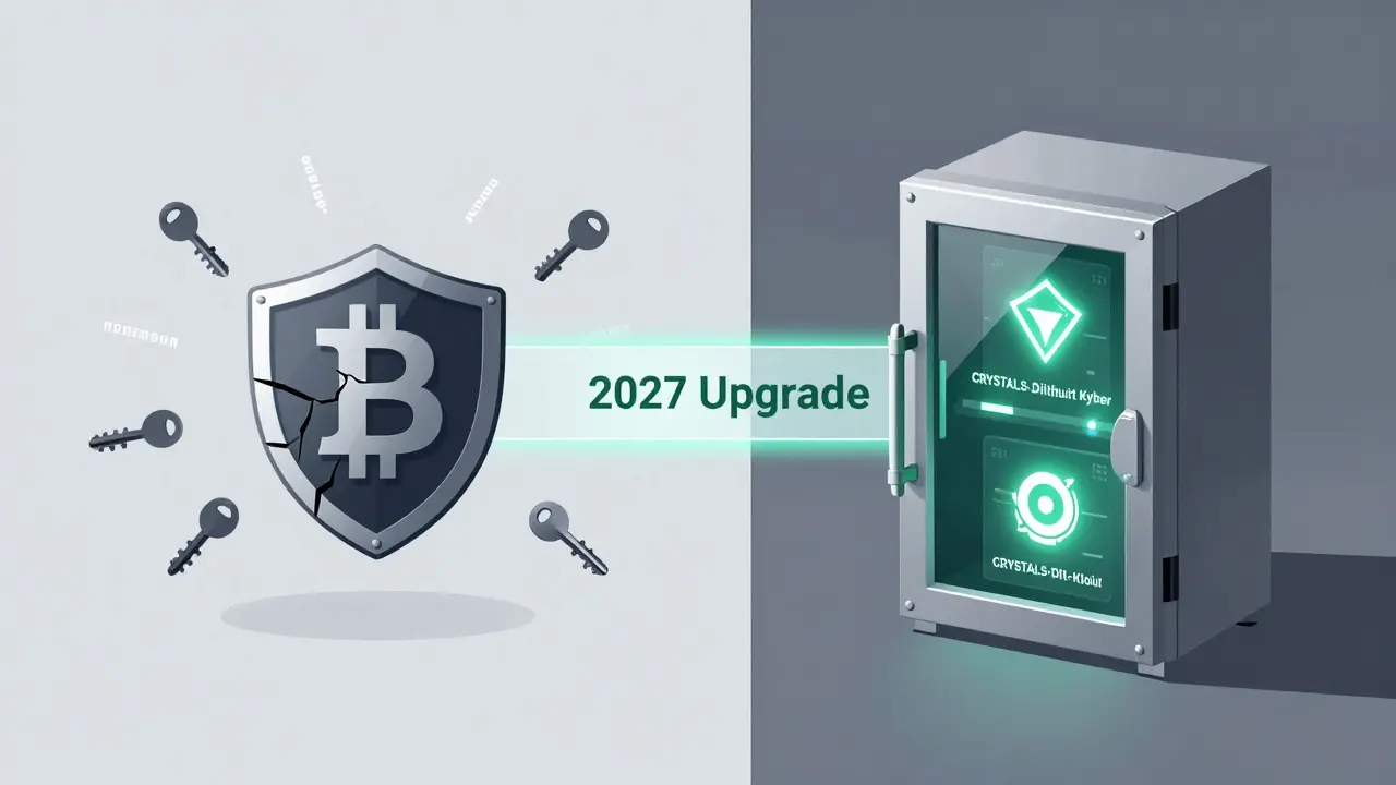 Vulnerable Bitcoin wallet contrasted with a secure quantum-resistant vault.