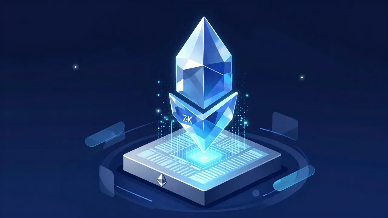 ZK-SNARK proof crystal compressing thousands of transactions into one secure blockchain entry