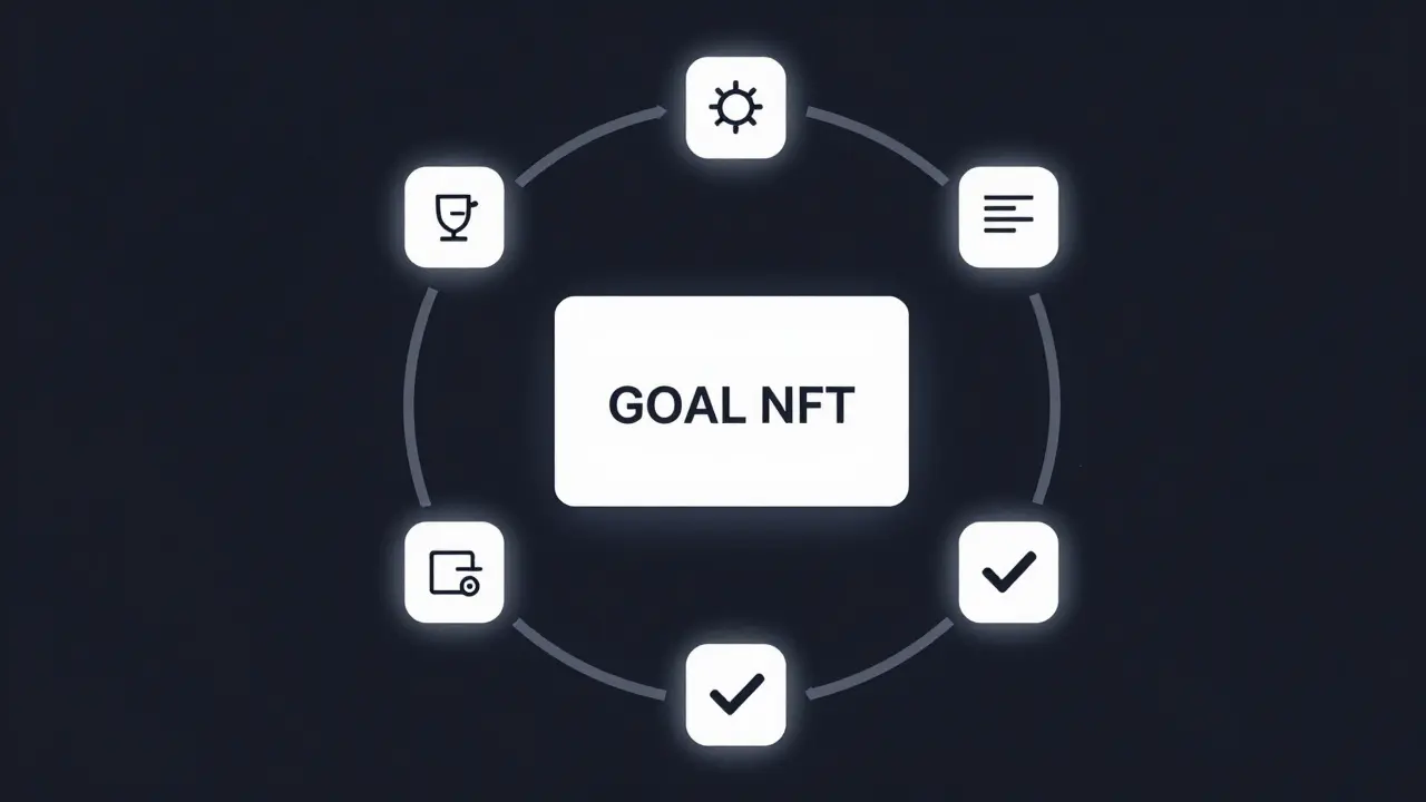 A crypto wallet receiving a GOAL NFT with six verification steps glowing around it.