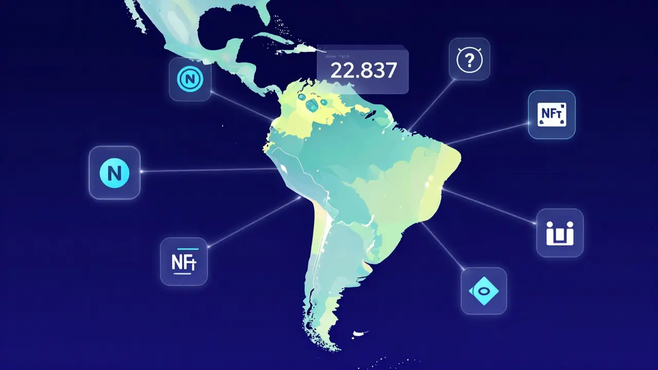 A digital map of Latin America highlights Costa Rica with crypto icons and a regulatory bill hovering above.