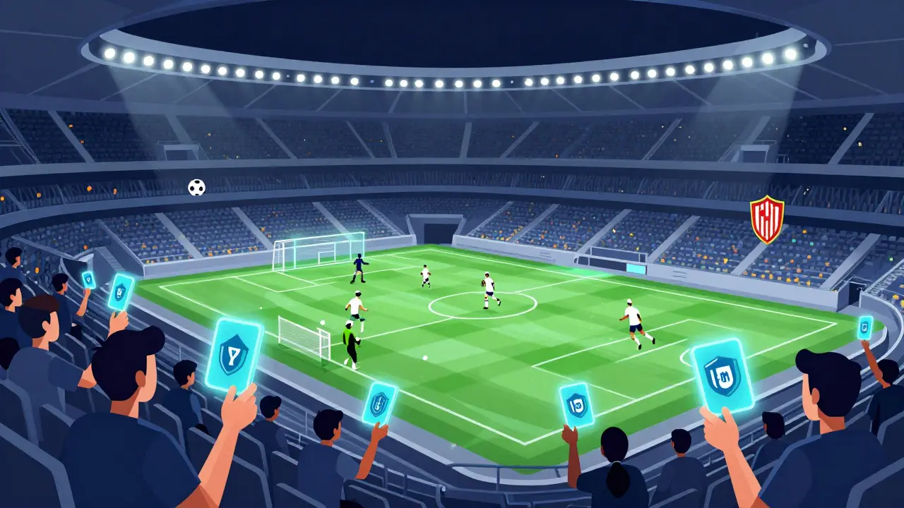 A futuristic metaverse stadium with fans holding NFT cards and holographic football players.