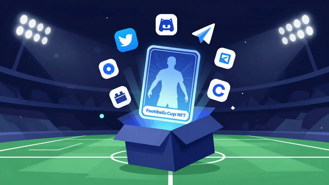 A glowing football NFT mystery box opening in mid-air with digital icons floating around it.