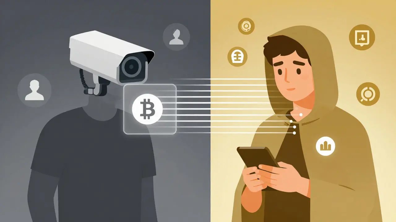A person under financial surveillance versus the same person protected by privacy protocols, shown in contrasting visual tones.