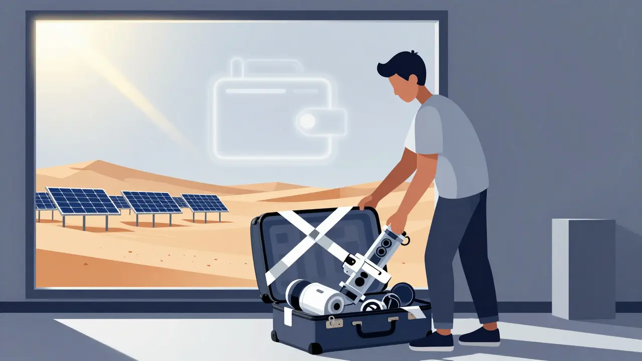 A student packing seized mining gear beside a window with solar panels in the distant Sahara desert.