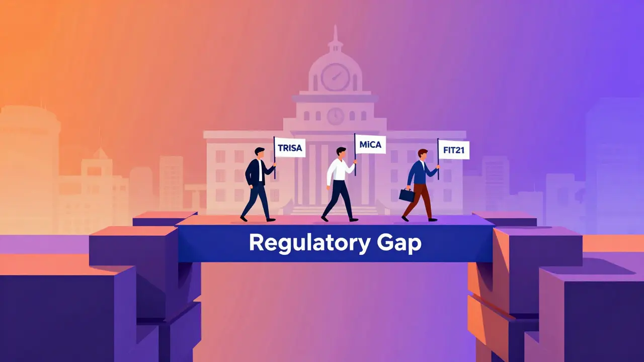 Blockchain bridge spanning regulatory gap, connecting crypto innovation to oversight.