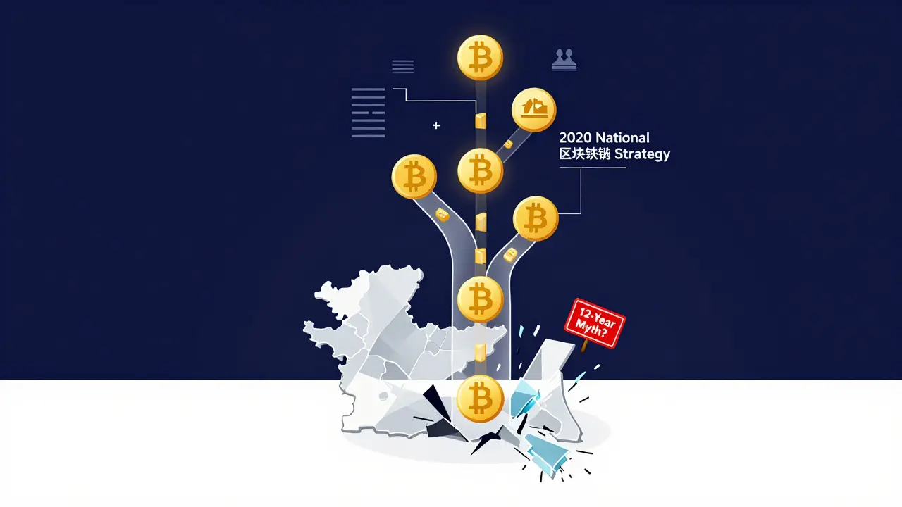 Blockchain rising from Bangladesh map, connecting public services, while myths crumble below.