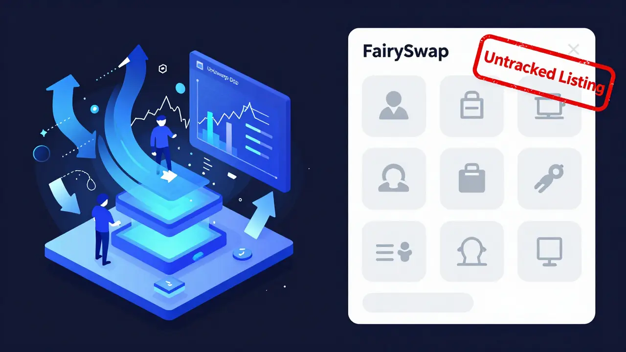 Contrasting active Uniswap DEX with silent, untracked FairySwap interface in monochrome tones.